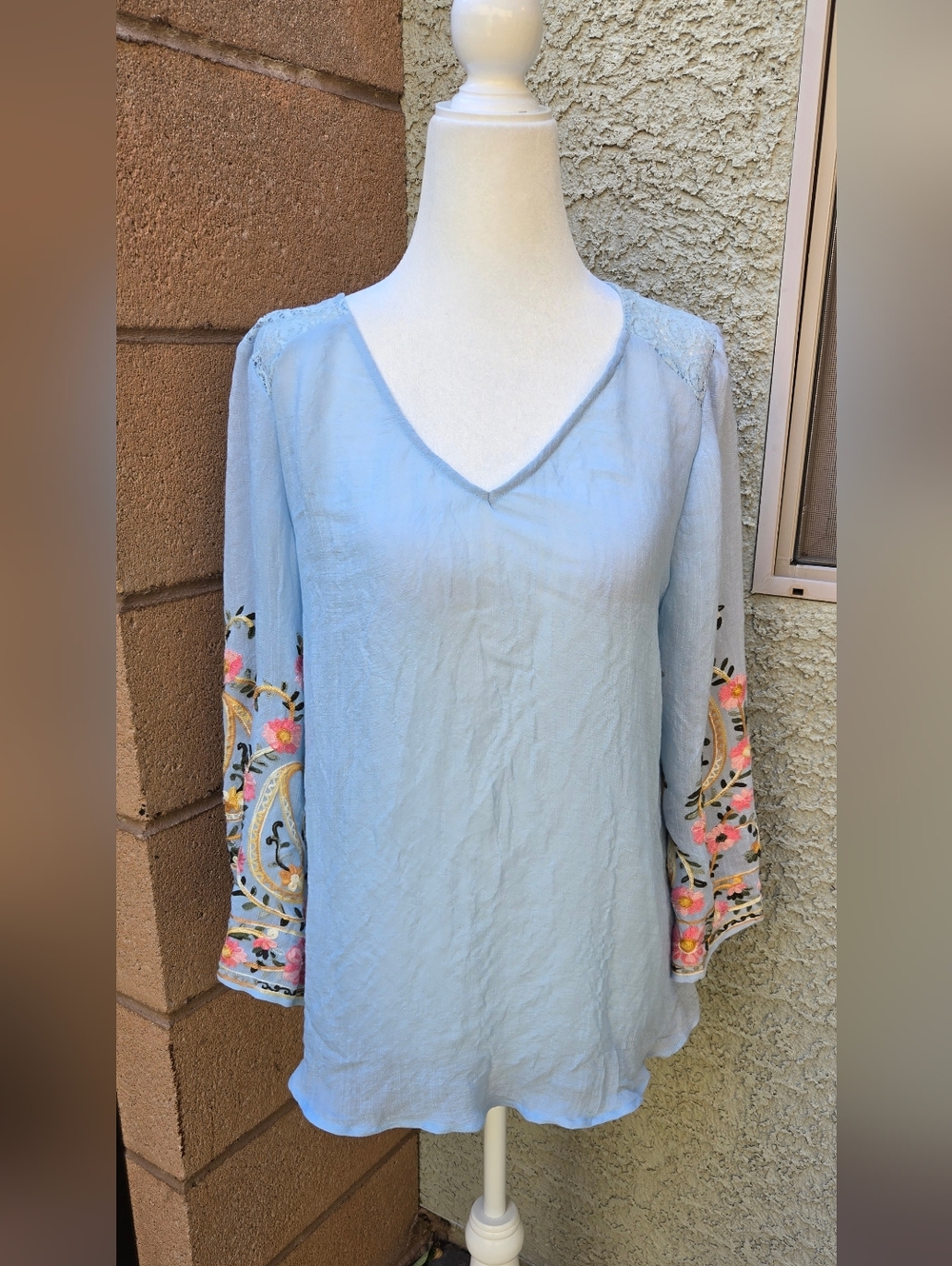 Olive Hill Light Blue Embroidered V-Neck Womens Top